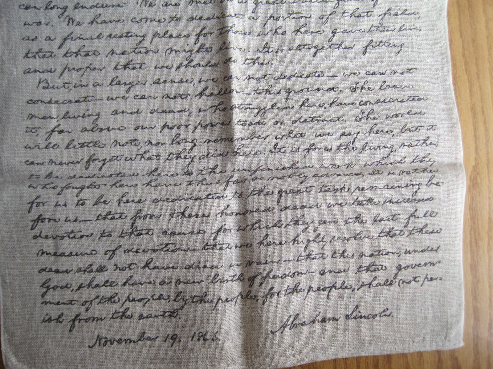 Unused Vintage Tea Towel Abraham Lincoln Gettysburg Address Burlap Type Fabric