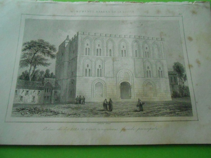 Gravure 1848 - Monuments Arabes De La Sicile Palais Della Ziza Facade Principale