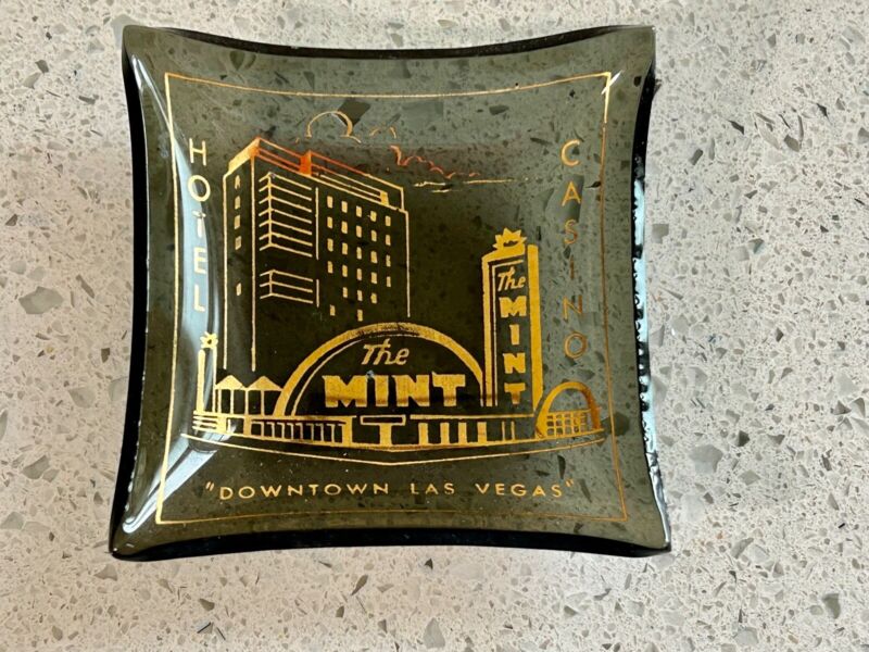 Vintage THE MINT HOTEL CASINO Las Vegas Smoked Glass Mini Ashtray or Change Tray