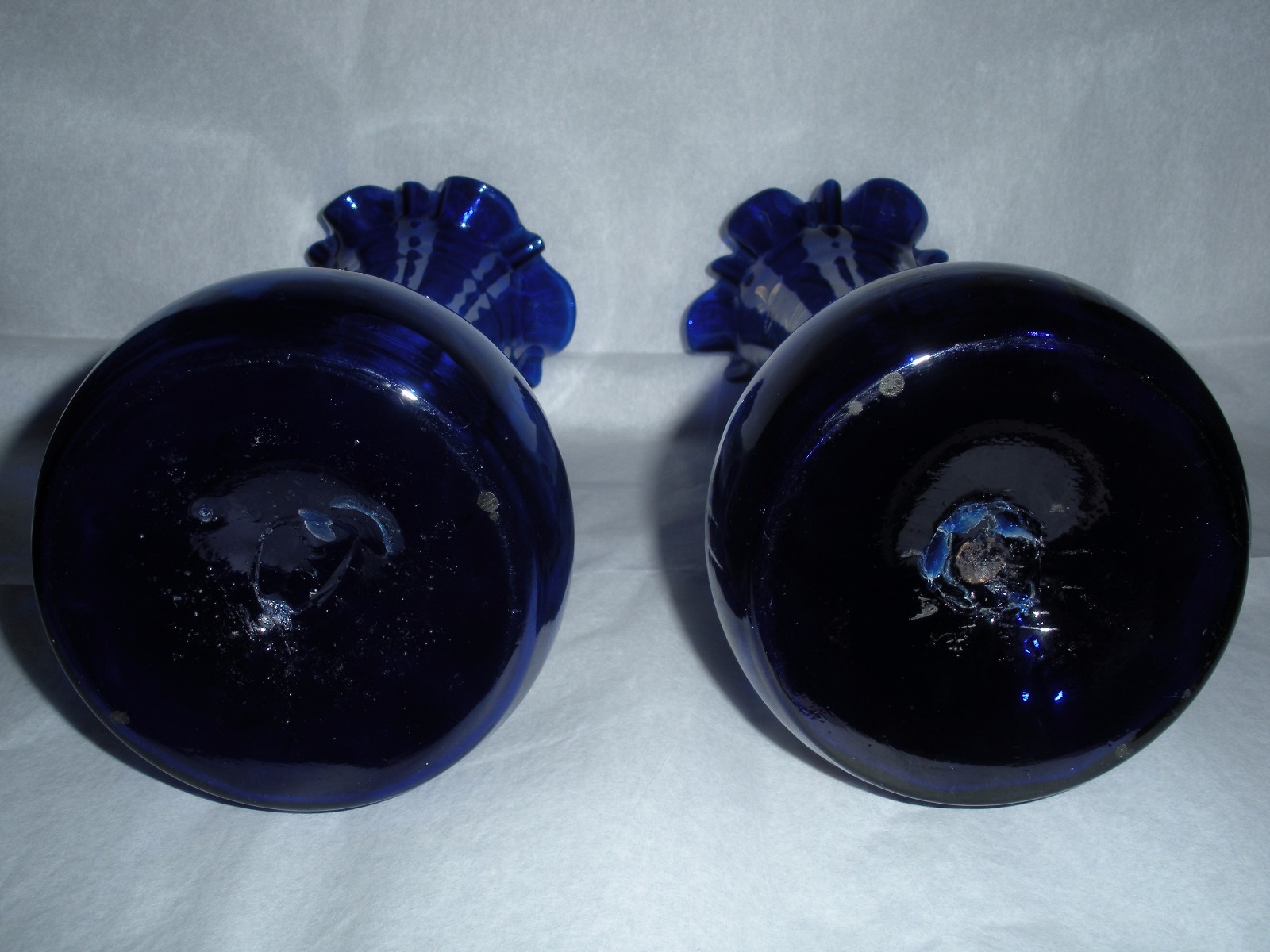 Pair Antique Cobalt Blue Hand Blown Fluted Glass Vases 9 1/2