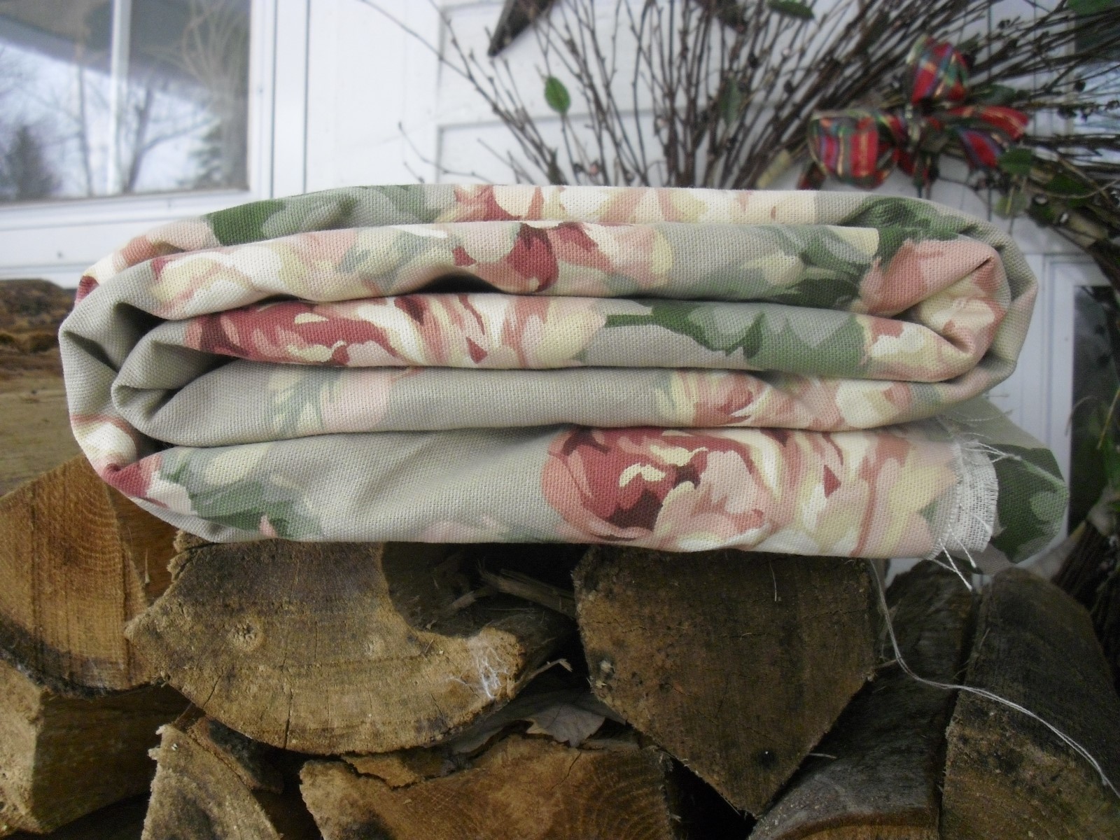 7 yds Richloom Beige Shabby Roses - Grosgrain Drapery or Slipcover Fabric