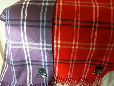 2 Cejon New  Fringe scarves red and purple plaid  100% acrylic Italy 11 x 62''