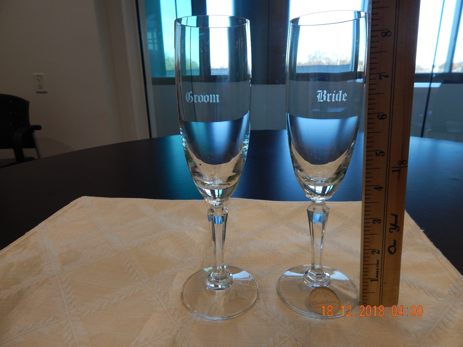 Vintage Bride and Groom lettered wedding toast champagne glasses