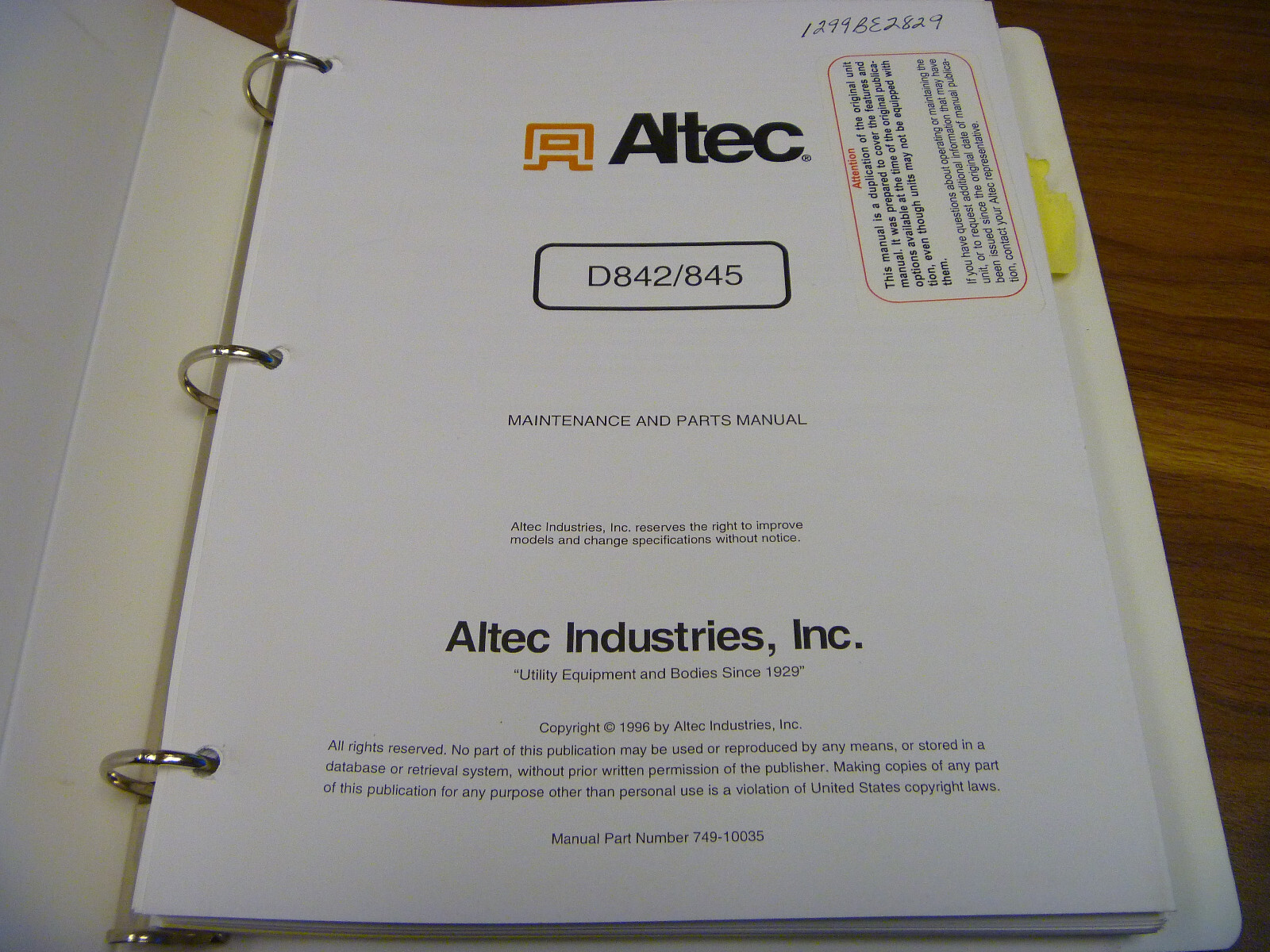 Altec D842 D845 Digger Derrick Boom Operator Maintenance