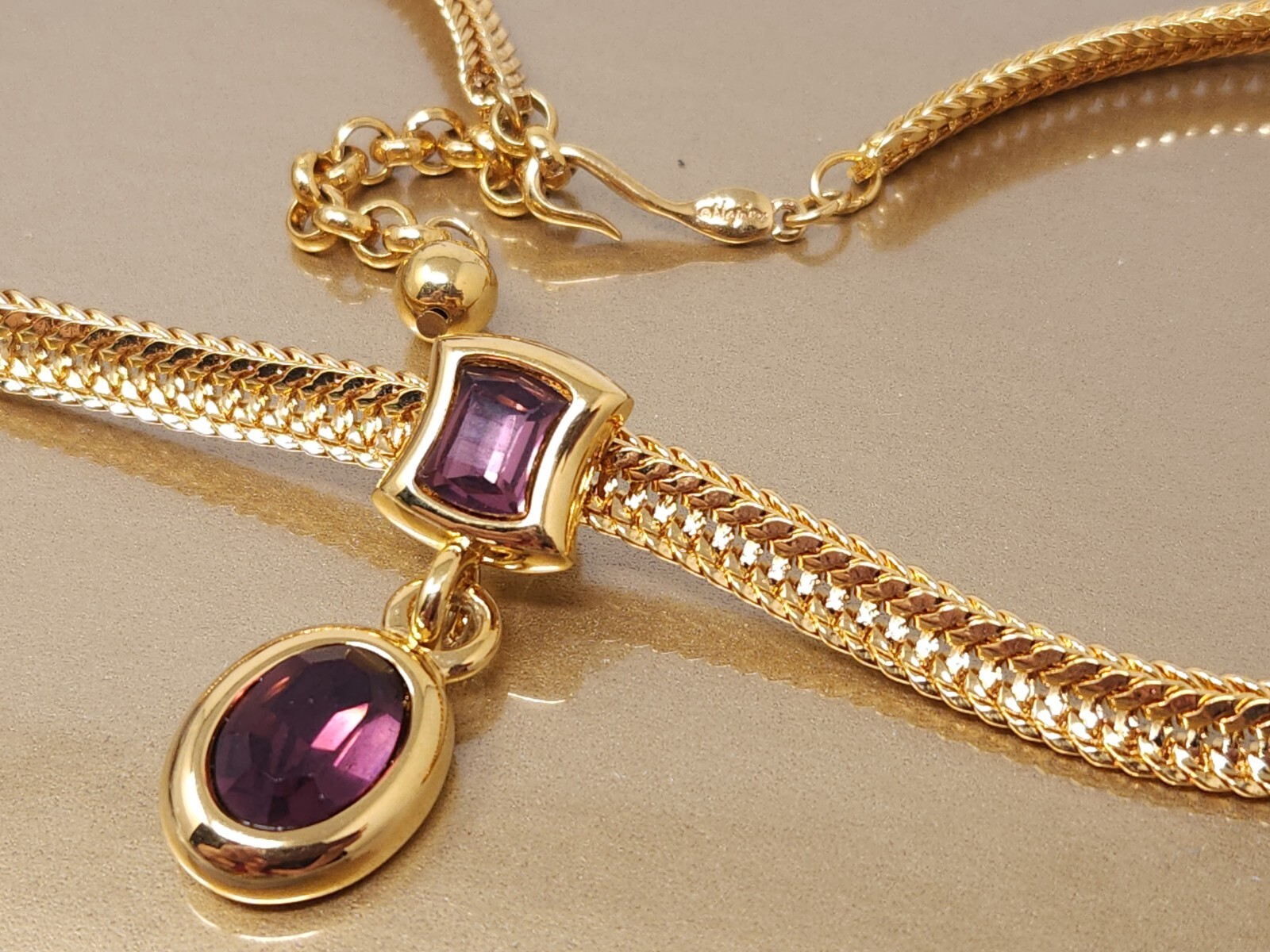 【BLACKPURPLE】5P vintage snake necklace Vintage Napier Purple Crystal Pendand Snake Chain Statement