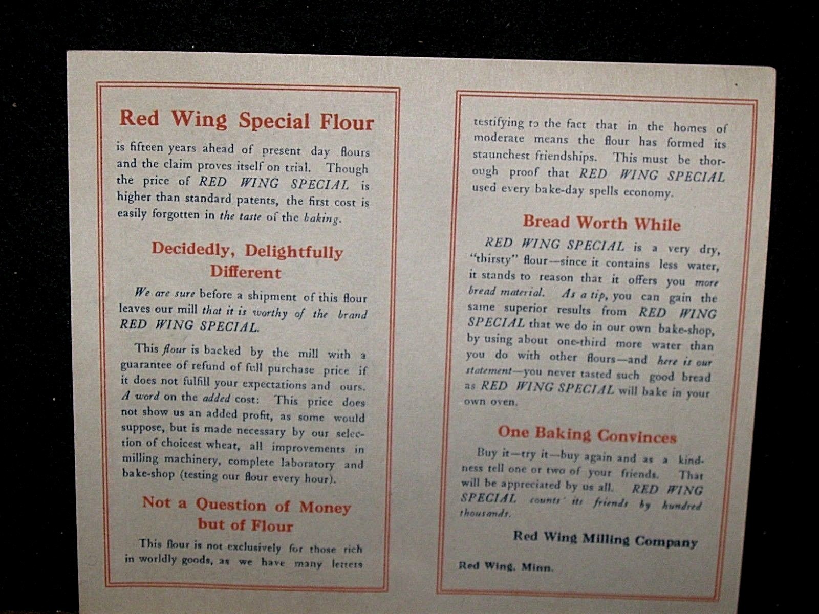 Vintage old Red Wing Milling Co Special Flour Sack Brochure Pamphlet Minn MN Adv