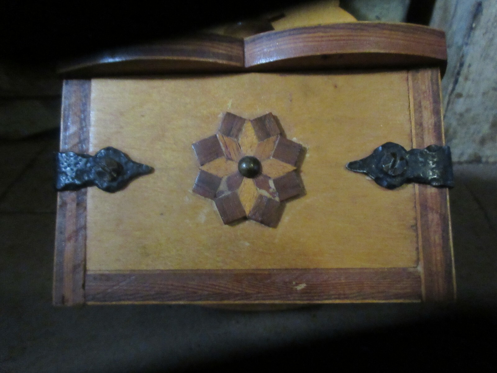 Vintage Folk Art Hand Made Wooden Spice Box - Wall Hanging IRON INLAID