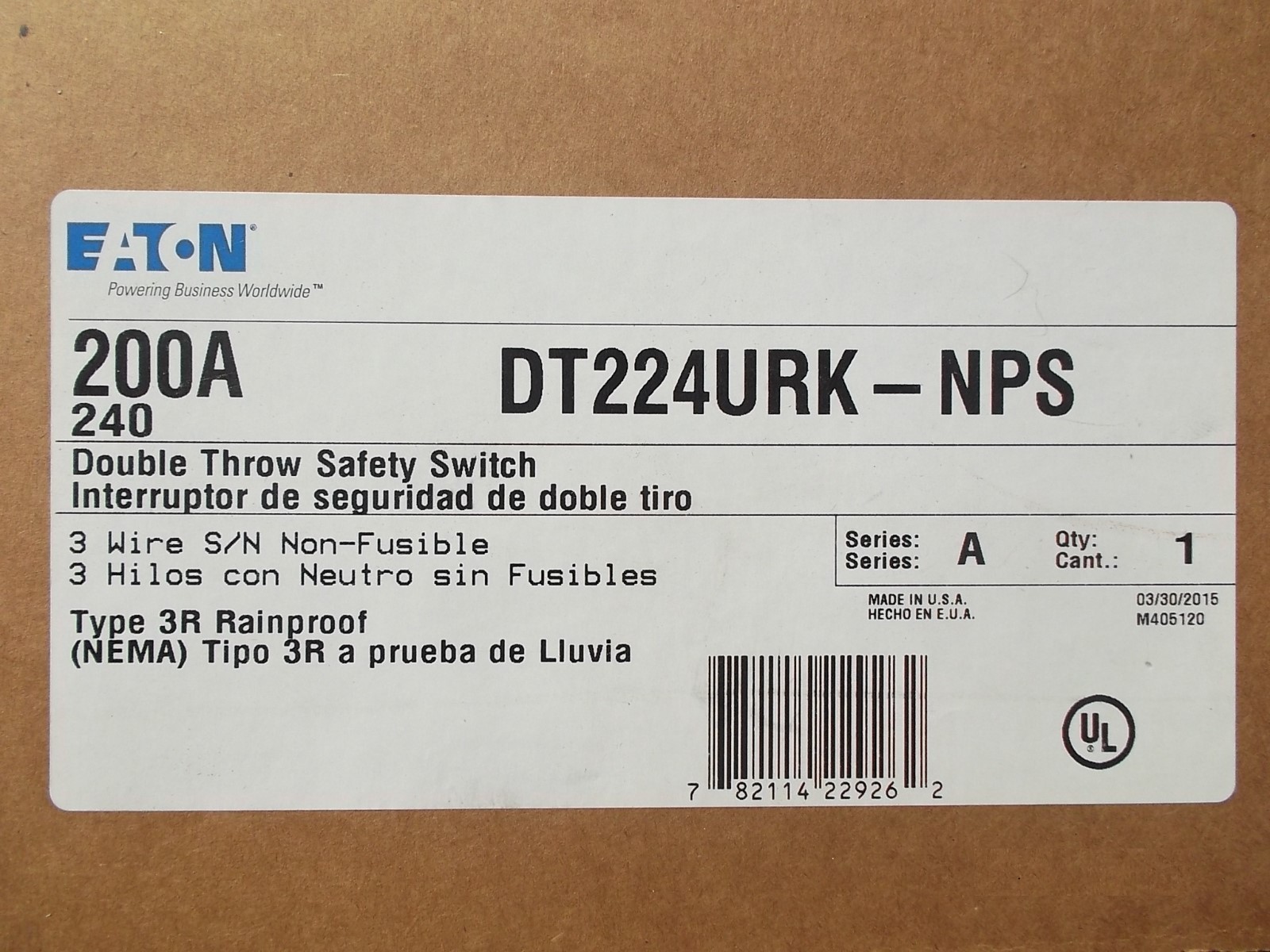 Eaton Double Throw 200 amp Safety Switch DT224URK-NPS