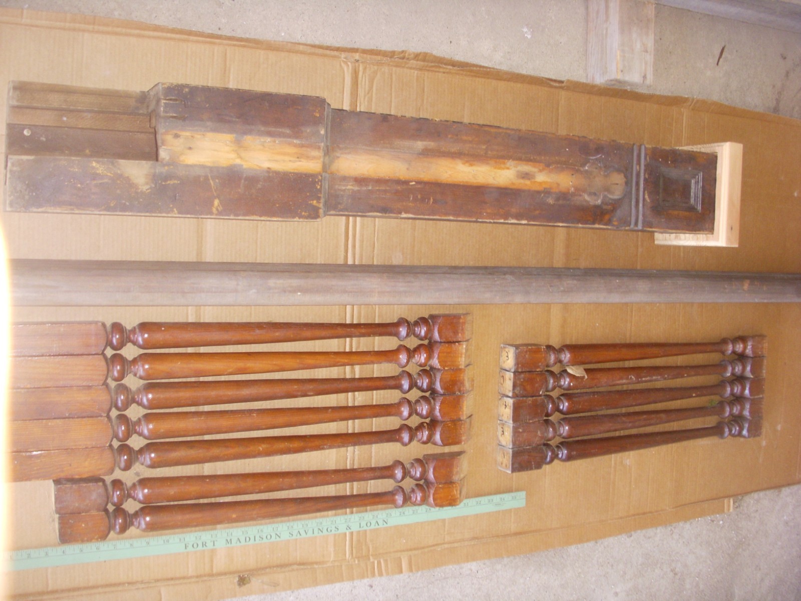 antique newel post & railing & spindles.