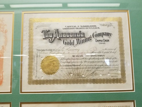CRIPPLE CREEK, CO railway and GOLD mining certificates, framed and prestine
