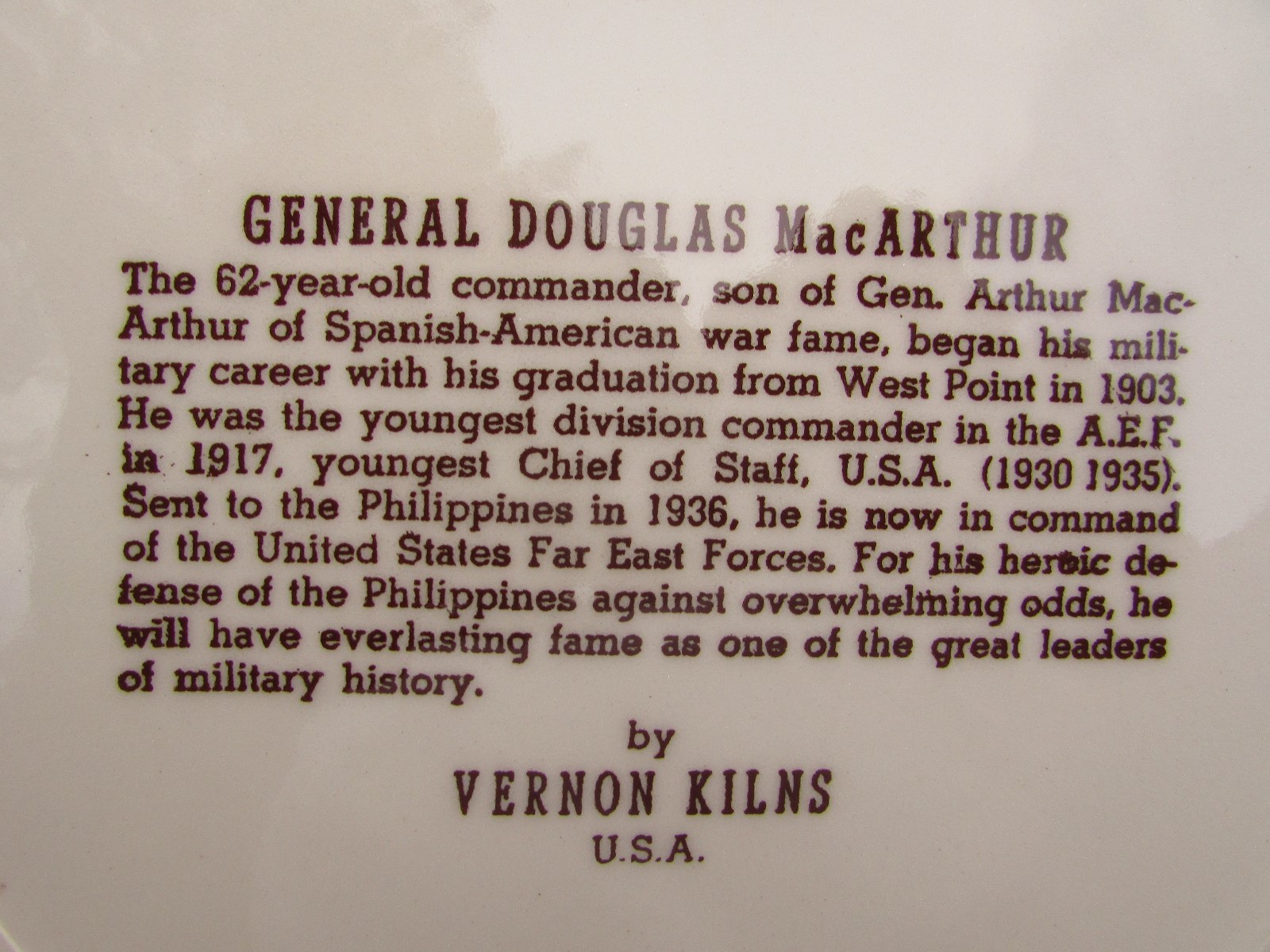 Vernon Kilns Collector Plate  General Douglas MacArthur Brown Transfer Print EUC