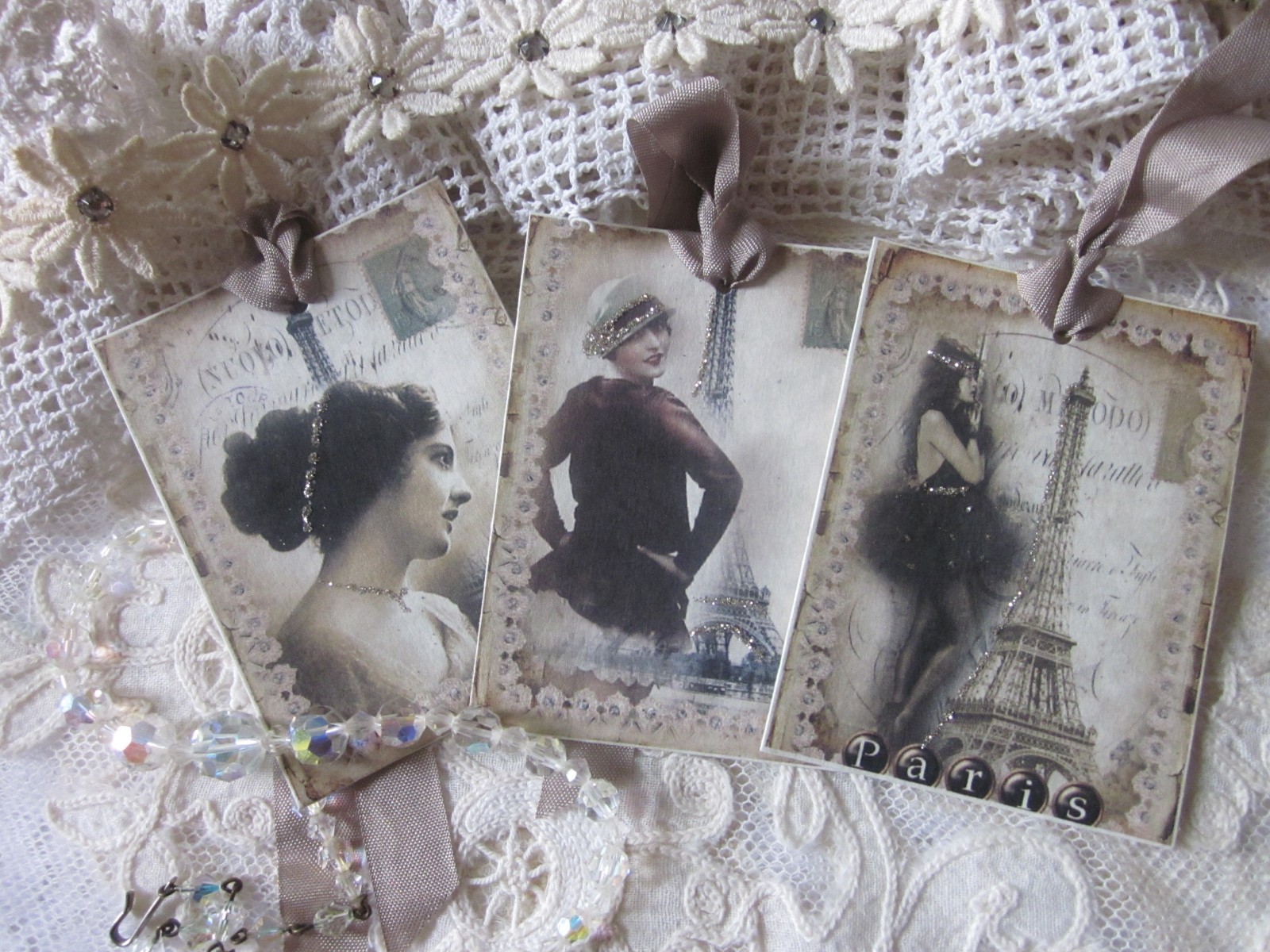 ~ Vintage PARIS  Sepia TONE GIFT TagS  Glitter 8 ~