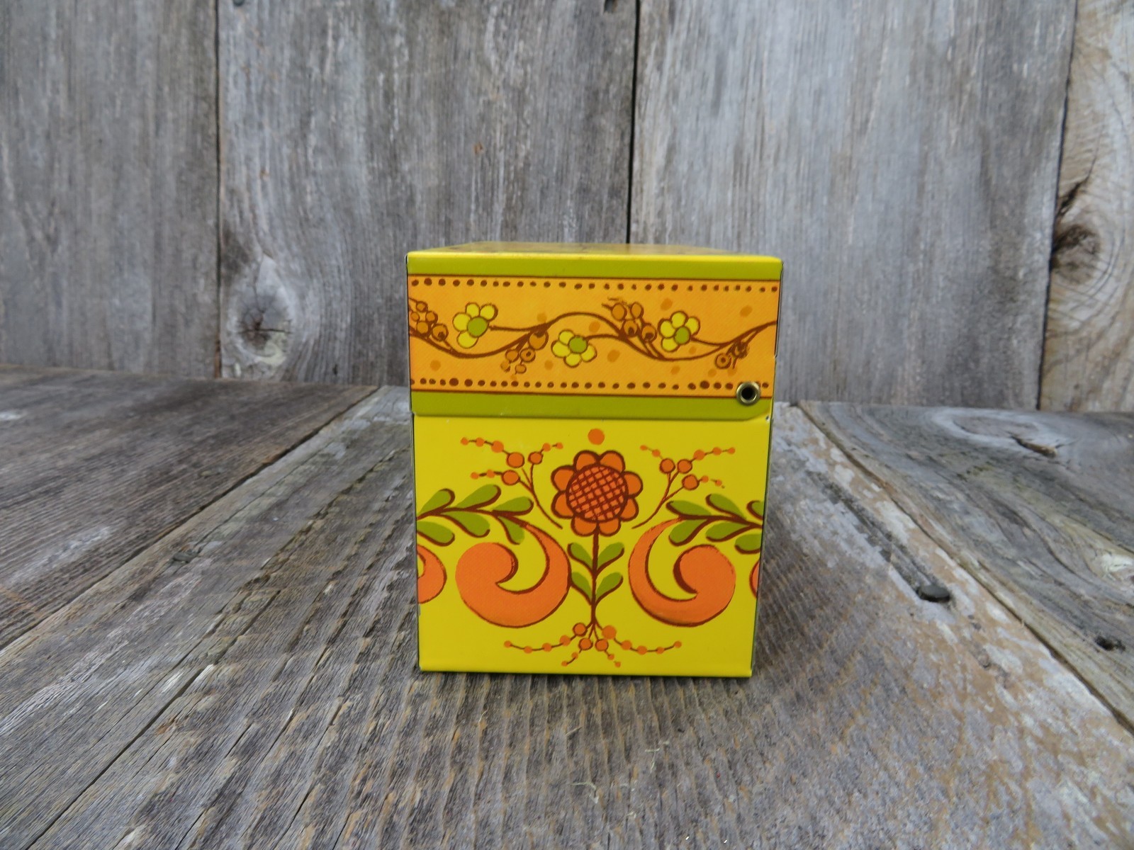 Recipe Box Avon Vintage Tin Metal Holder Orange Yellow Flowers Kitschy Retro
