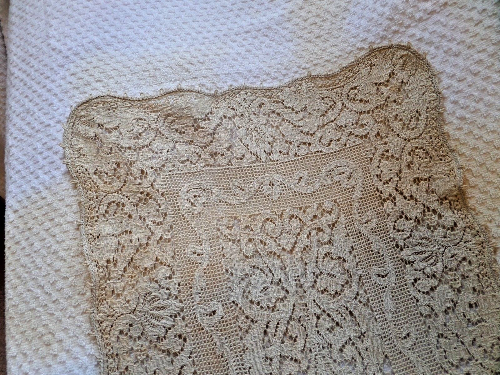 VINTAGE ECRU FINE COTTON LACE RUNNER, 14 X 52, SCALLOPED EDGE, CLEAN