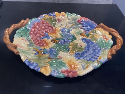 Fitz and Floyd Essentials Grapes Leaves Twisted Handled Platter NIB 18.5 x12.5 