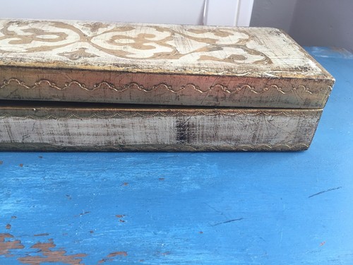 Vintage Italian Florentine Wood Long Hinged Box Storage Vanity Keepsakes 14-1/2”