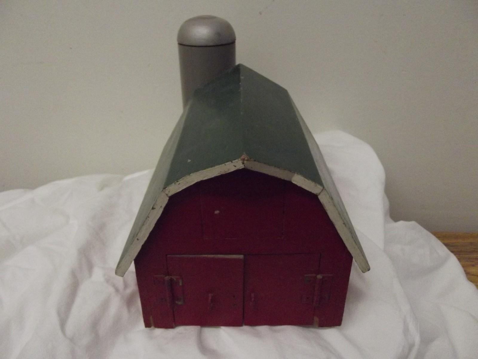 Eleven & 1/2 inch long Toy Handmade Wooden Red Barn and Silo Two Entrance Doors