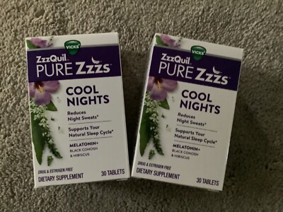ZzzQuil Pure Zzzs Cool Nights Melatonin+ Reduces Night Sweats 60 Tabs 12/23