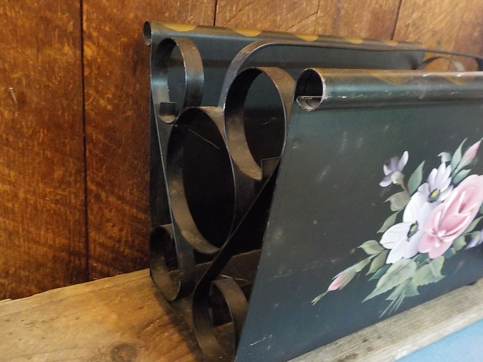Vintage Toleware Black Metal Magazine Rack Black Gold border Floral