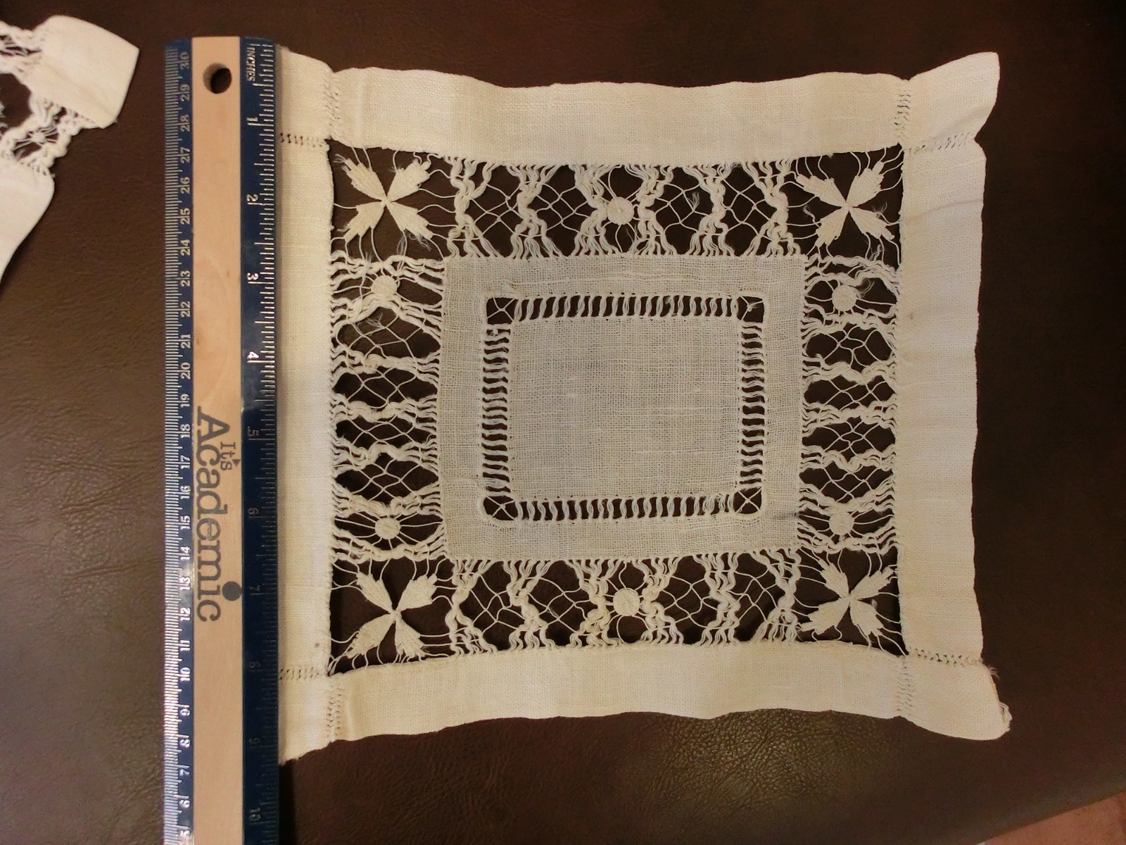 Lot of 2 Antique Vintage Ivory LINEN Doilies/Table Top Hand Drawn Threadwork