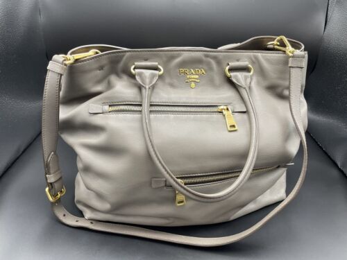 Prada SOFT CALF VITELLO BAMBU BAG, Gray, Gold Hardware