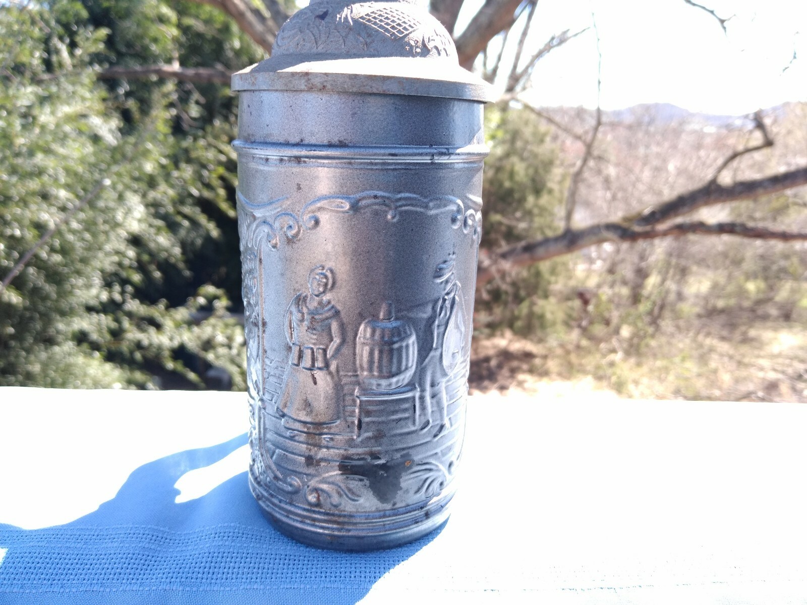 Vintage German Beer Gemutlich Genieben Stoneware Stein Mug Pewter 5/7 ??ts17j