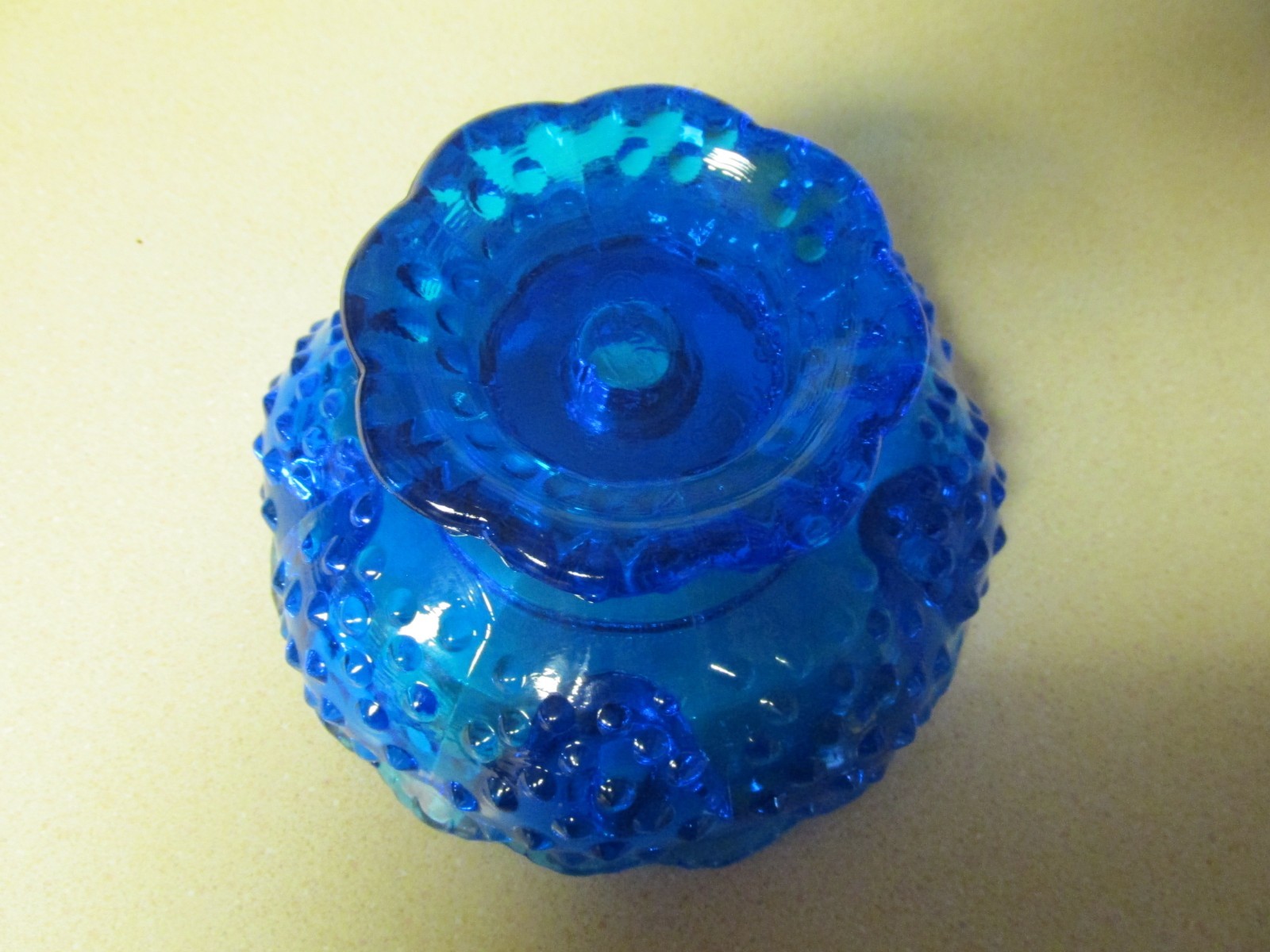 VINTAGE FENTON COBALT BLUE SIX-CANDLE HOBNAIL PEDESTAL BOWL LABELED!