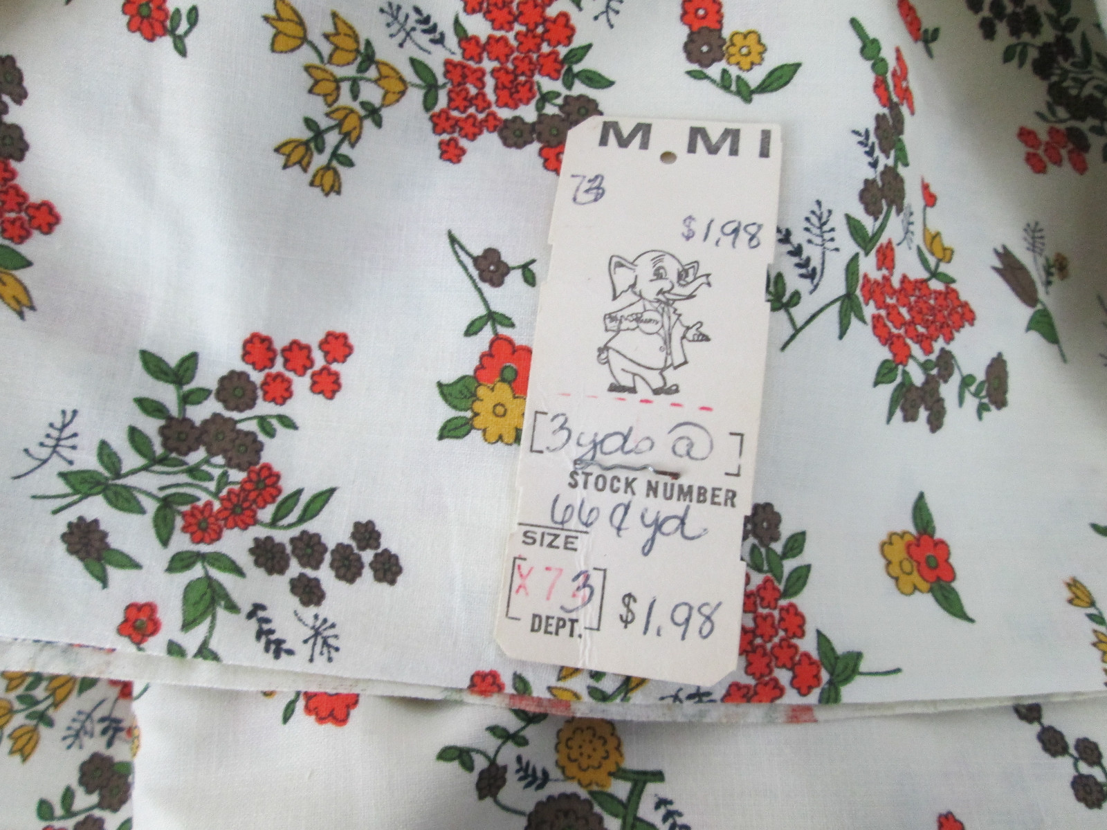 100% Cotton Fabric Vintage Brown Orange Yellow Flowers on White 3 Yards Print