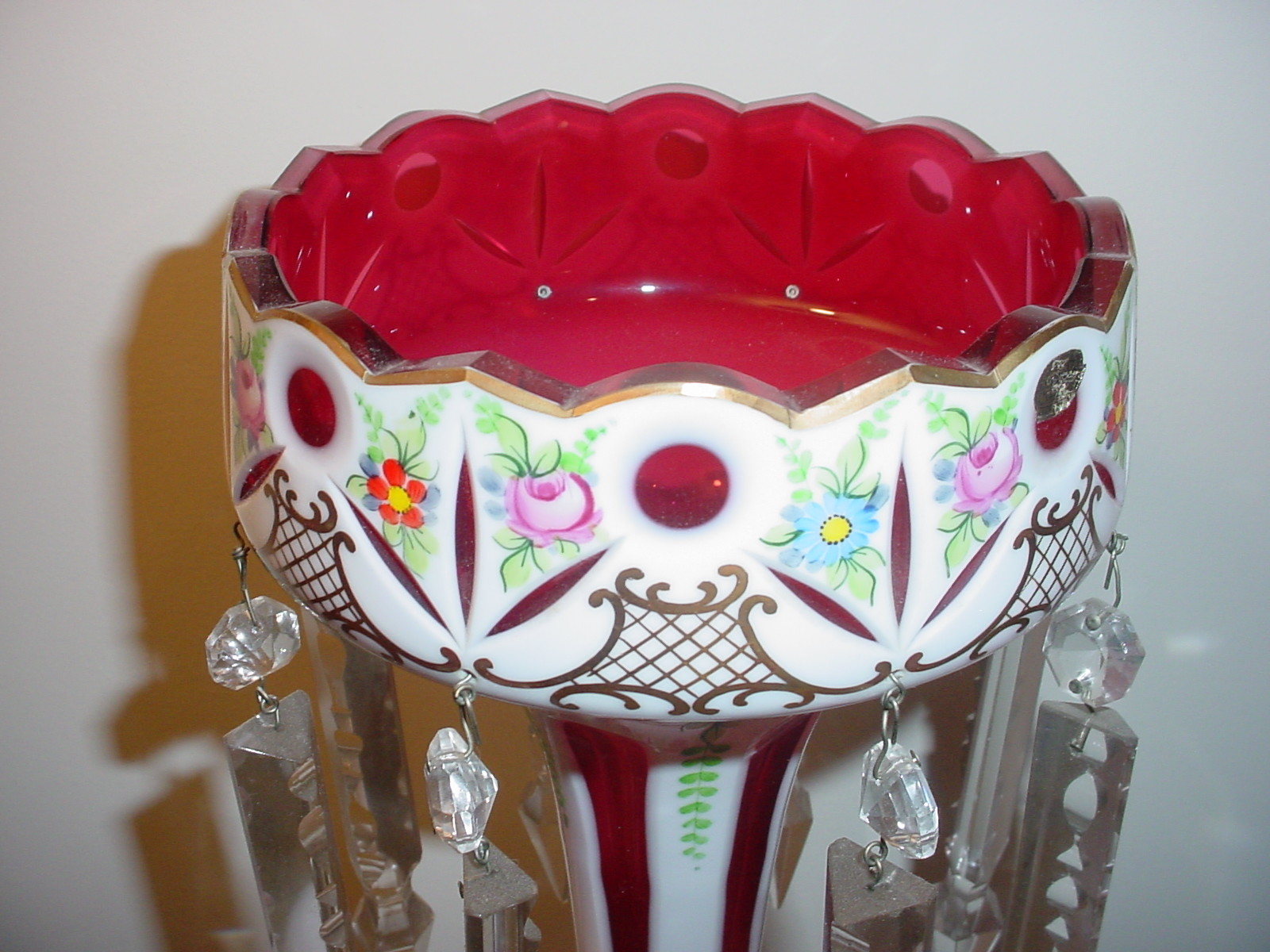 Pair Bohemian Cranberry Red White Gold Cut Glass Antique Lustres Lusters 14