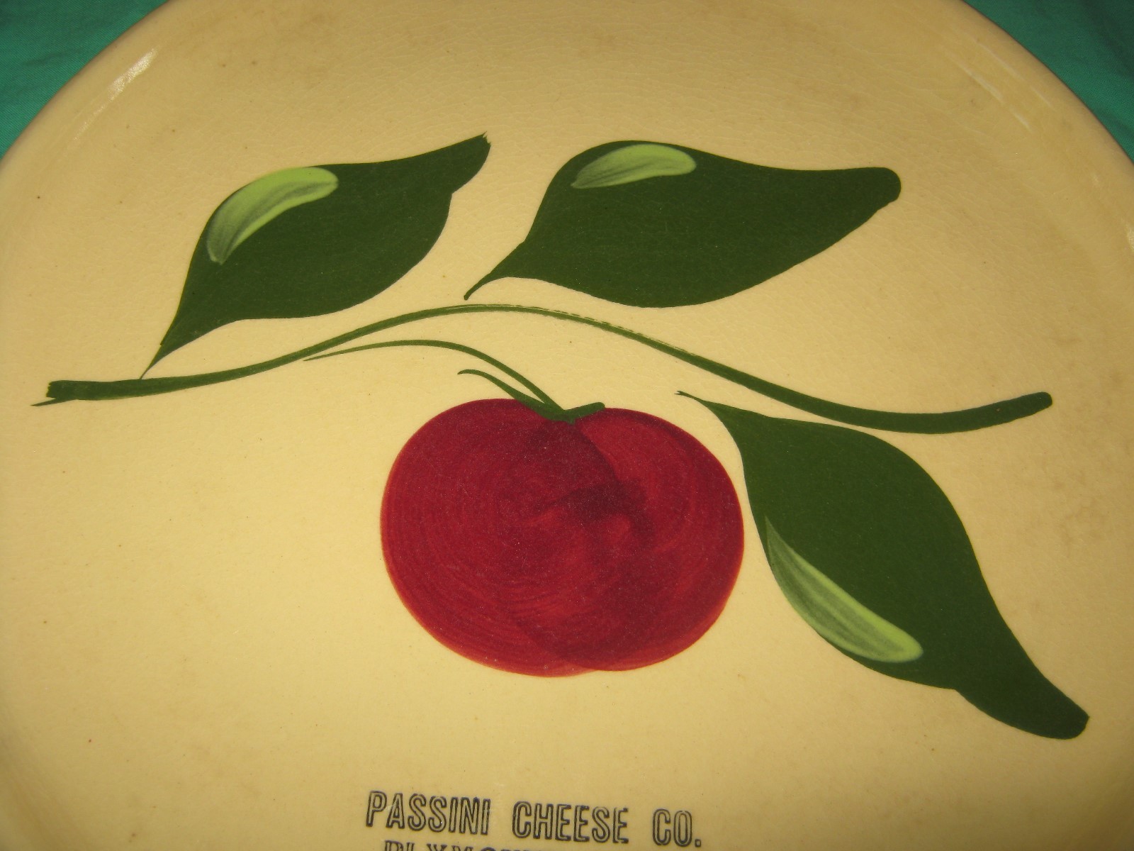 WATT POTTERY 3 LEAF APPLE #49 CHOP PLATE WITH PLYMOUTH, WISC ADVERTISING
