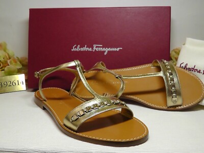 Pre-owned Ferragamo Salvatore  Metallic Gold Tremiti Chain Trim Flat Sandal Size 8.5c$430