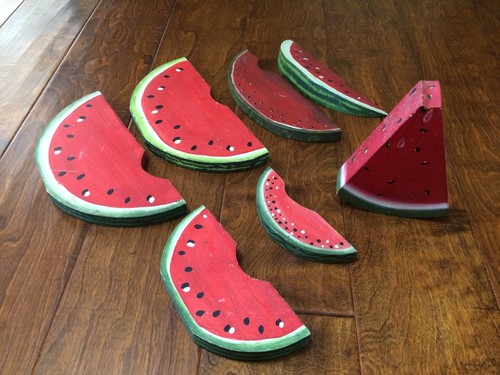 7 Hand Made Wooden Watermelon Slices Wedge,Painted Folk Art Green Red 10
