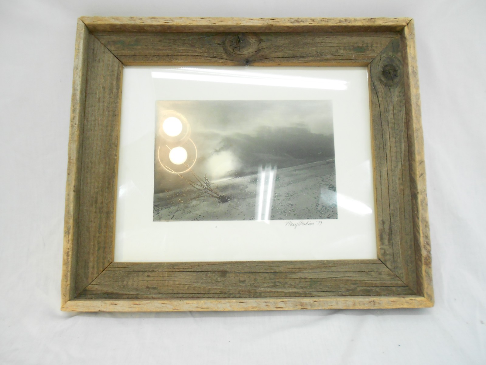 VINTAGE BARN WOOD PICTURE FRAME & PHOTO SIGNED MARY PERKINS 79