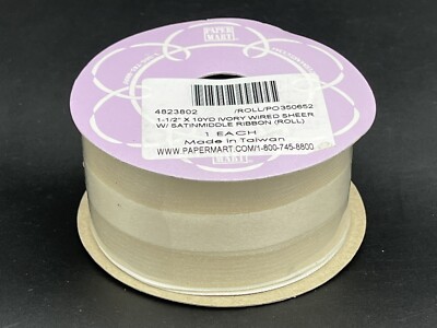 Paper Mart 1-1/2'' x 10yd Ivory Wired Sheer w/ Satin Middle Ribbon Roll NEW
