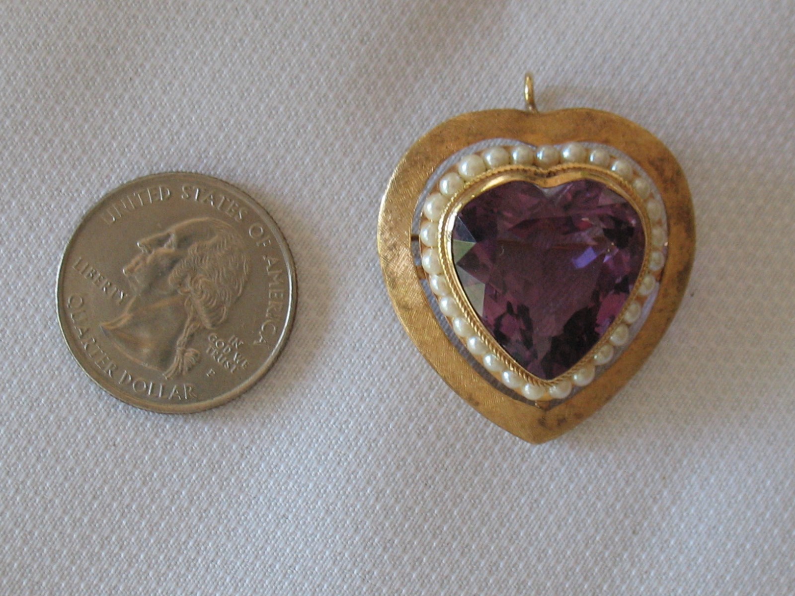 Beautiful 14K Gold Amethyst & Pearl Large Heart Brooch / Pendant with 24
