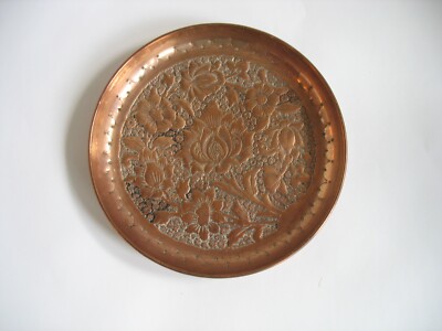 5" handmade round copper tray dish coaster floral repousse embossed