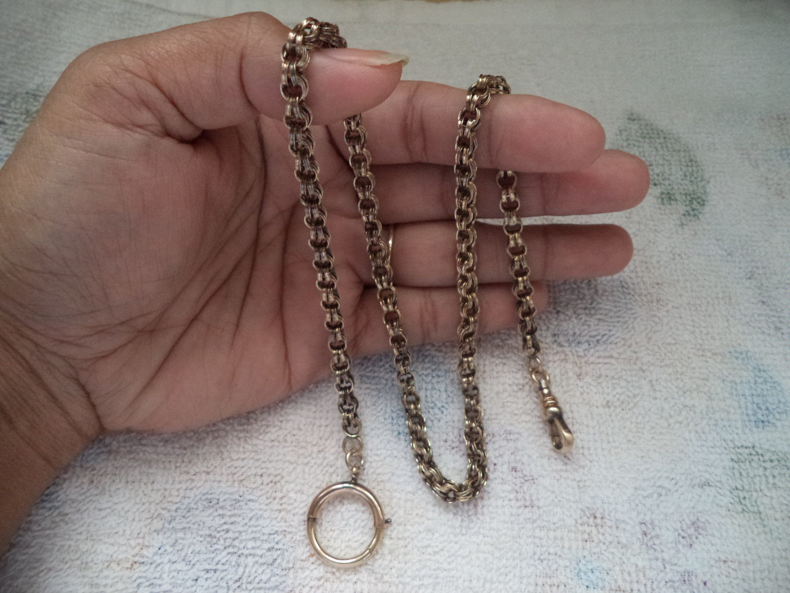 Superb Antique Victorian 9K Low Karat Gold Rolo Watch Chain w/ Large GF Clasp