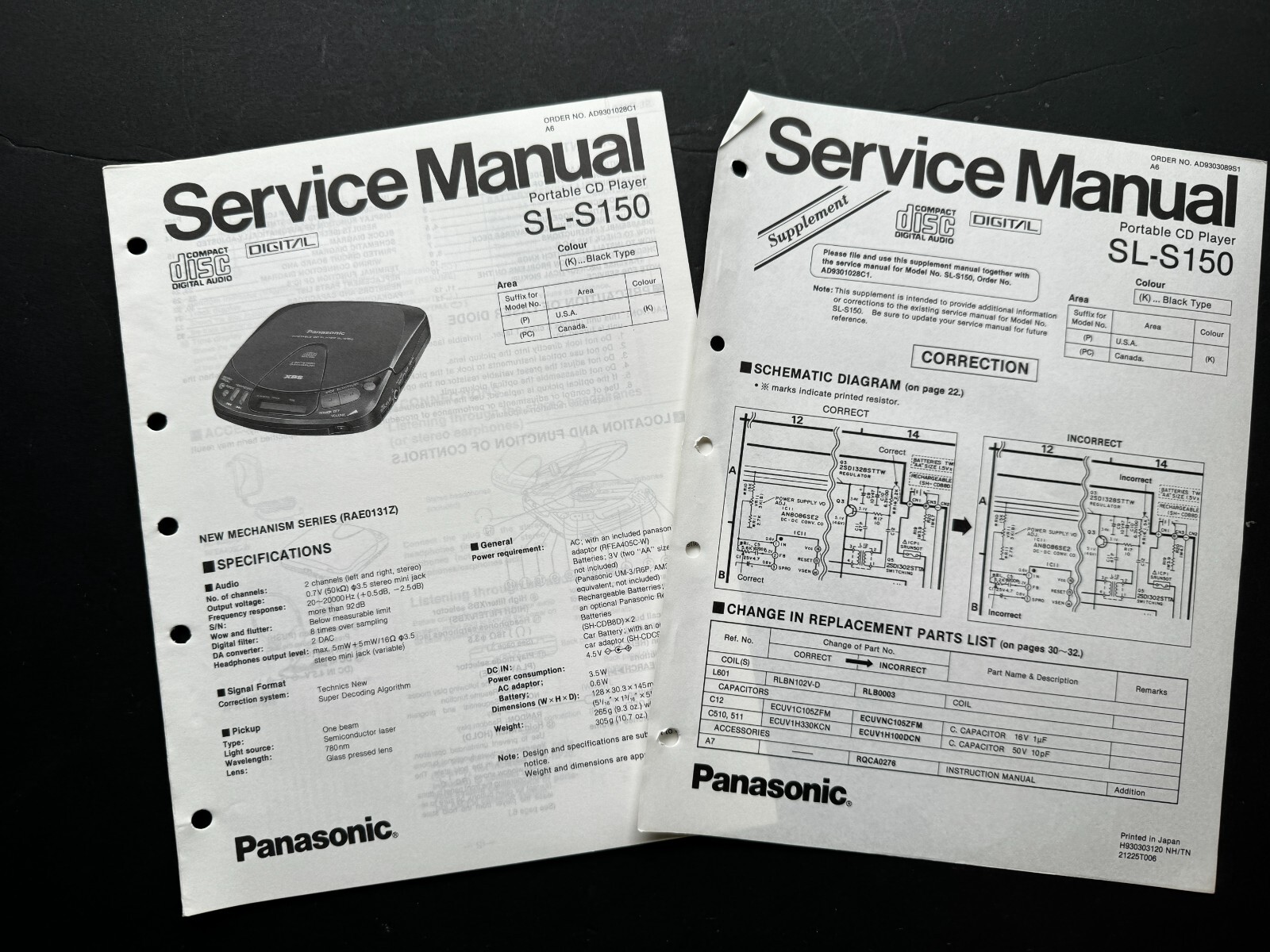 Panasonic SL-S150 Portable CD Player ORIGINAL Service Manual
