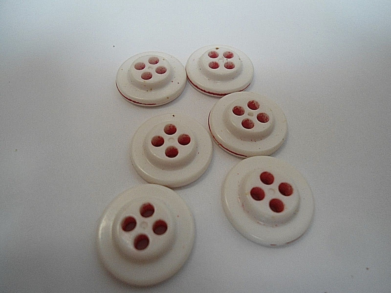 6 White Round Plastic Buttons Red Anchor 9/16