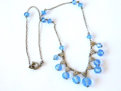 Antique Art Deco Nouveau Blue Glass Crystal Dangle Bib Necklace Repousse Silver