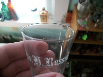 EARLY ACID ETCHED JAS K. RUSSELL THIN-WALL WHISKEY GLASS PRE-PROHIBITION