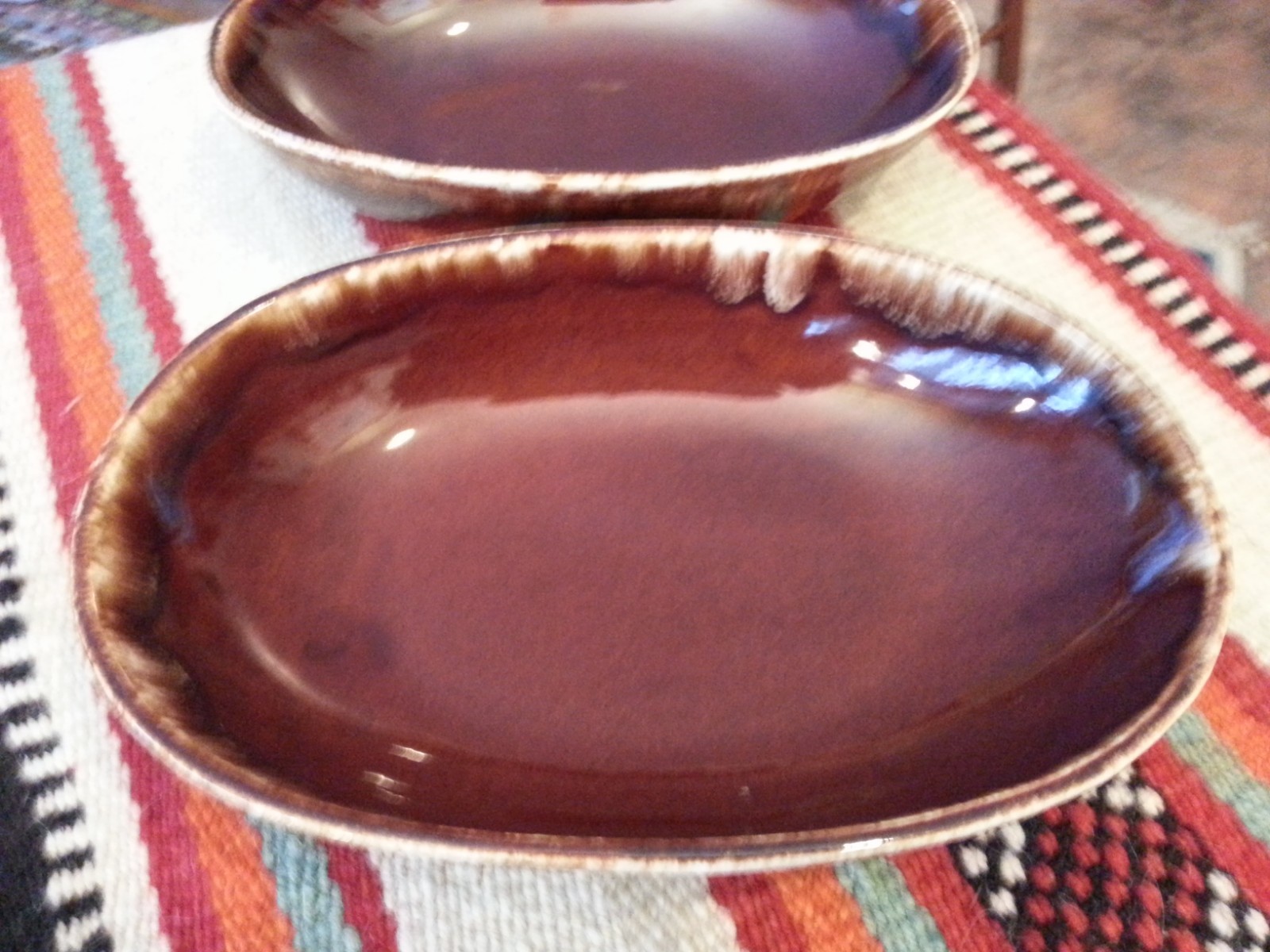 2 Vintage Kathy Kale McCoy Brown Drip Ceramic Oval Serving Bowl, collectible