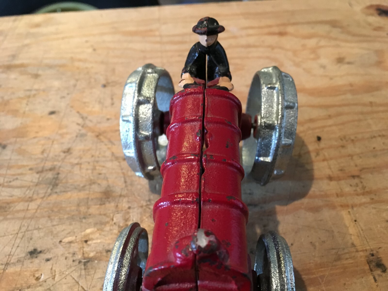 Vintage Fordson Cast Iron Tractor Red with Silver Wheels and Driver