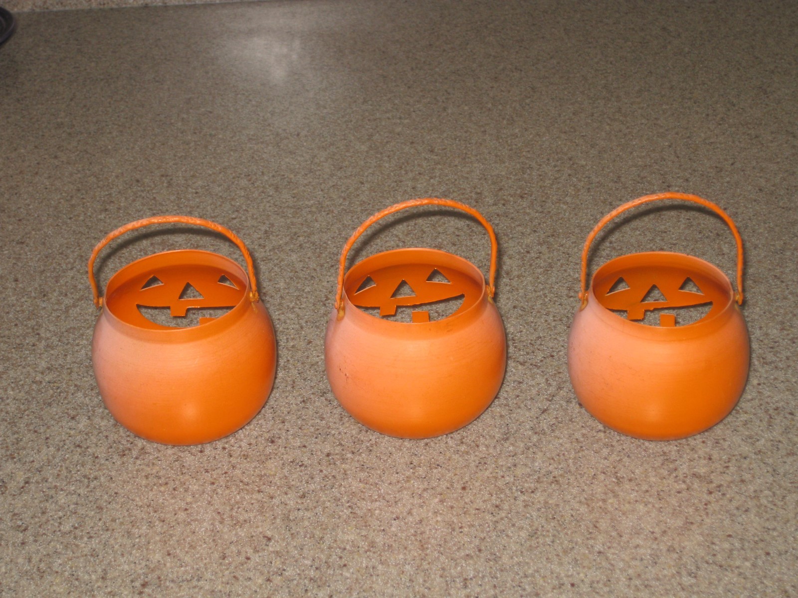 (3) VTG Halloween Fall HOSLEY Metal Candle Holder Pumpkin Jack O Lantern USA