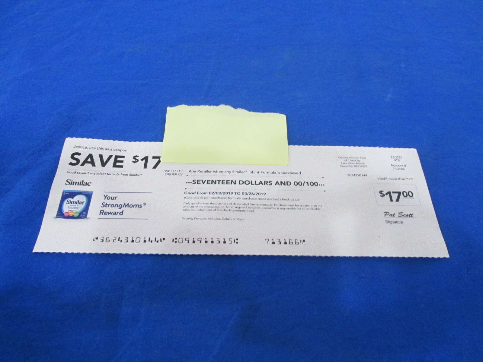 $17.00 Similac Baby Formula Check Coupon, Exp. March 26,2019