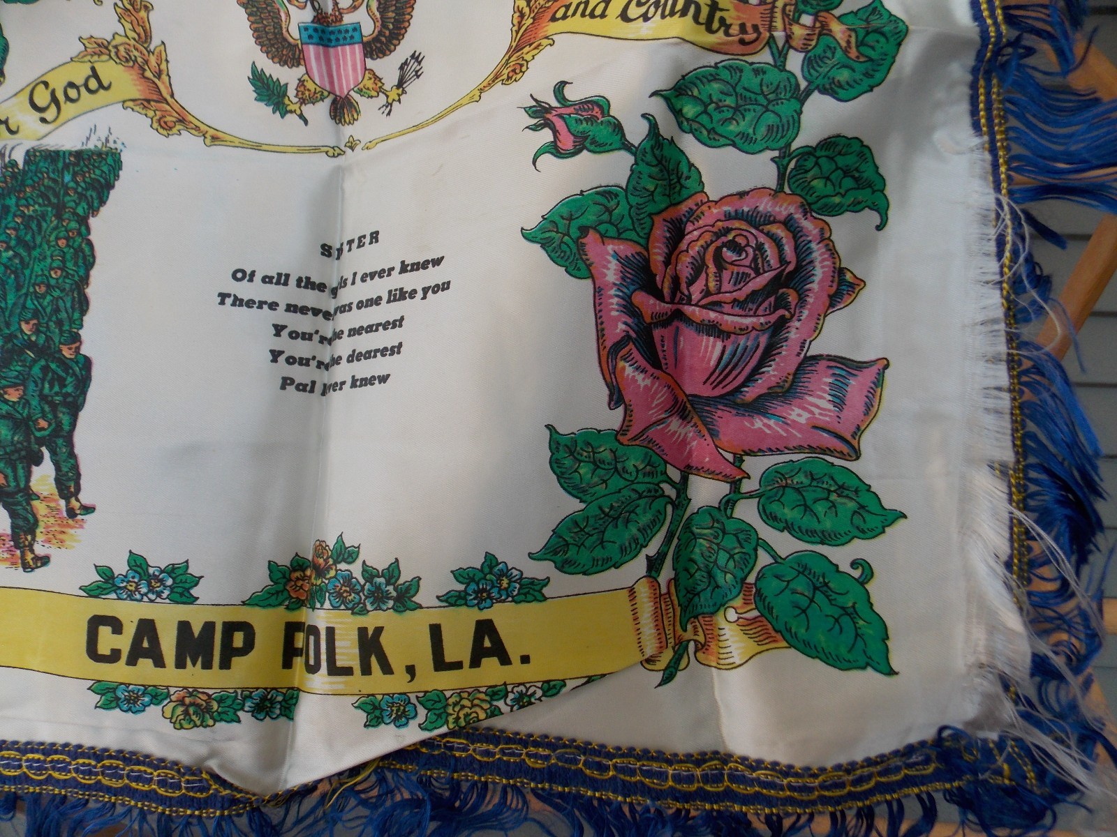 Vintage Pillow Cover U.S. Army Sister Camp Polk LA. Satin with Fringe