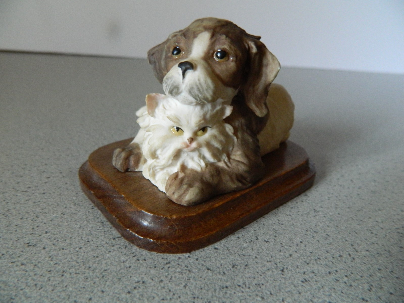 Capodimonte Dog and Cat Ceramic Figurine with Wooden Base