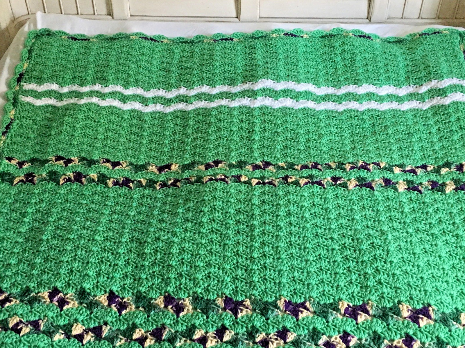 Handmade Crochet Afghan 53 x 68 Seashell Large Throw Blanket Green Purple White