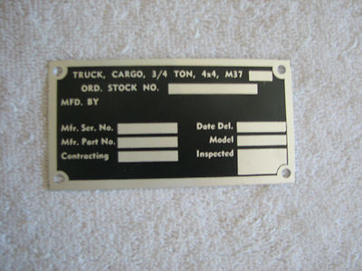 1988-1992 Dodge M37 Truck Cargo Data Plate 7351180