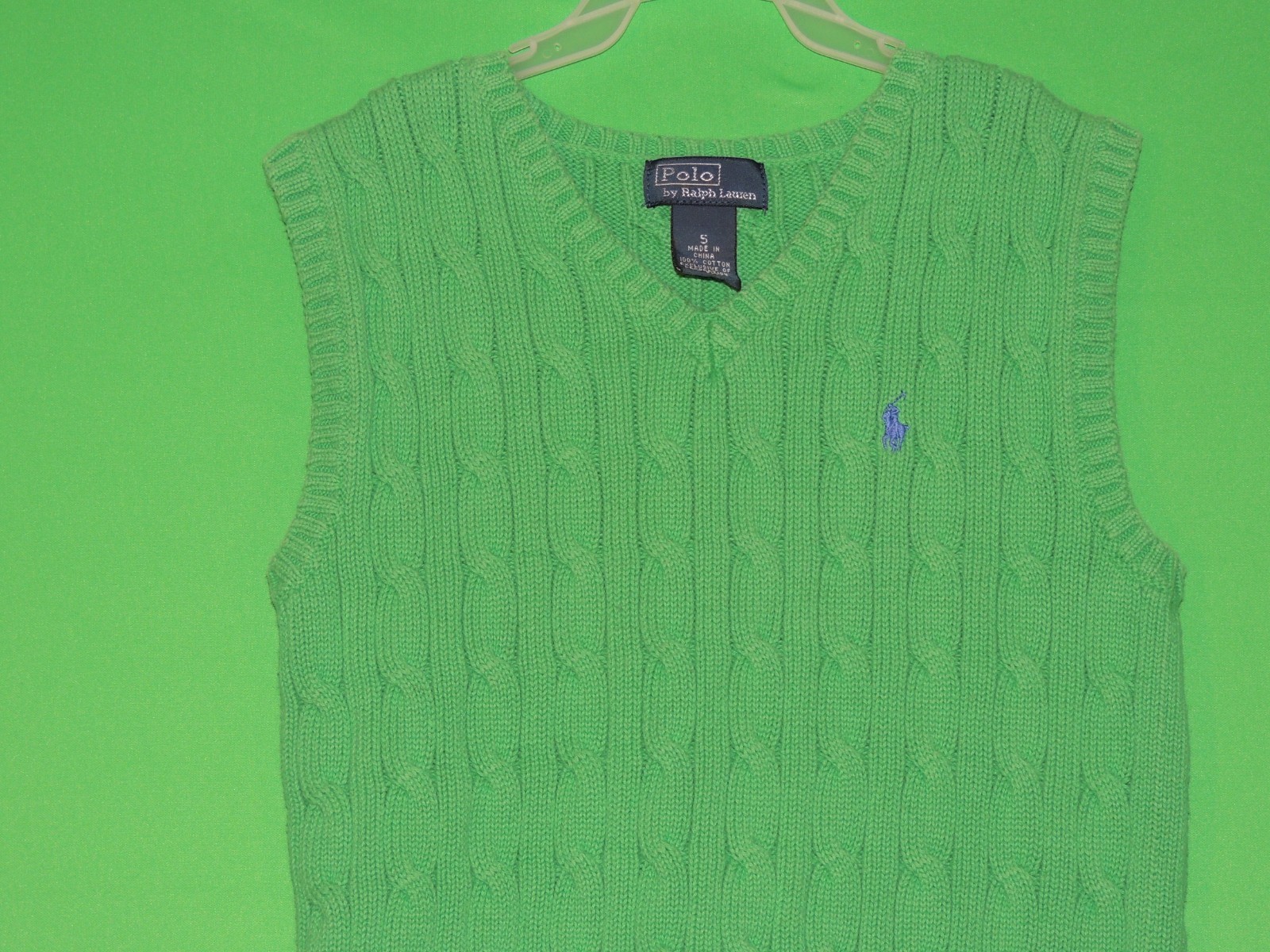 Polo Ralph Lauren Boys Youth Size 5 Green Cable Knit V Neck Sleeveless Vest